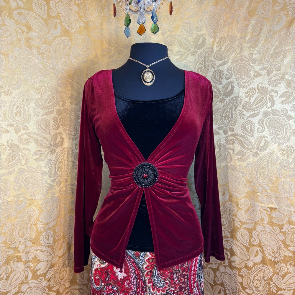 ✨Vintage Y2K Whimsigoth Cranberry Velvet Medallion Blouse✨ - Picture 2 of 8